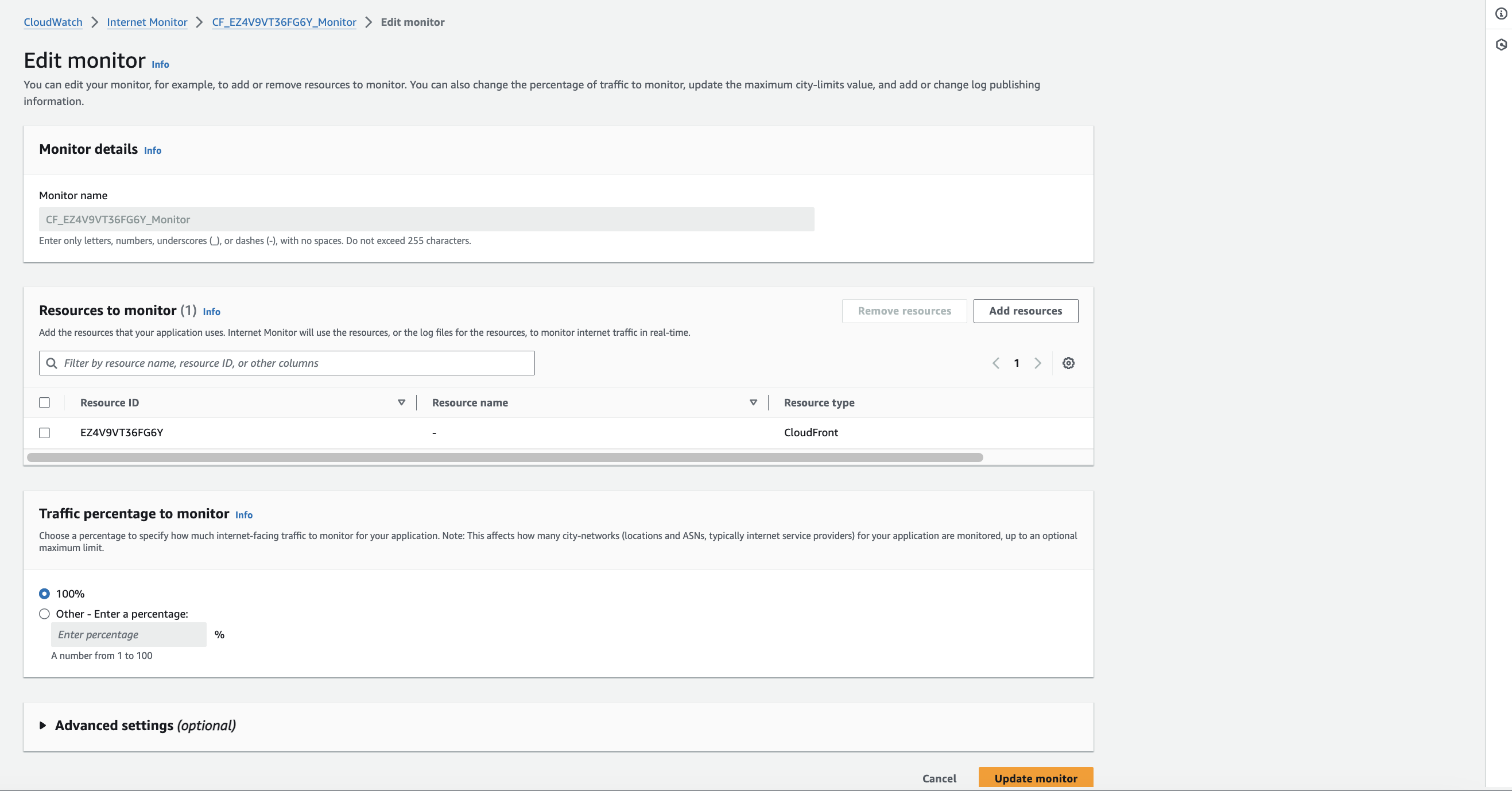  Screenshot of the Internet Monitor console page for updating the monitor configuration.